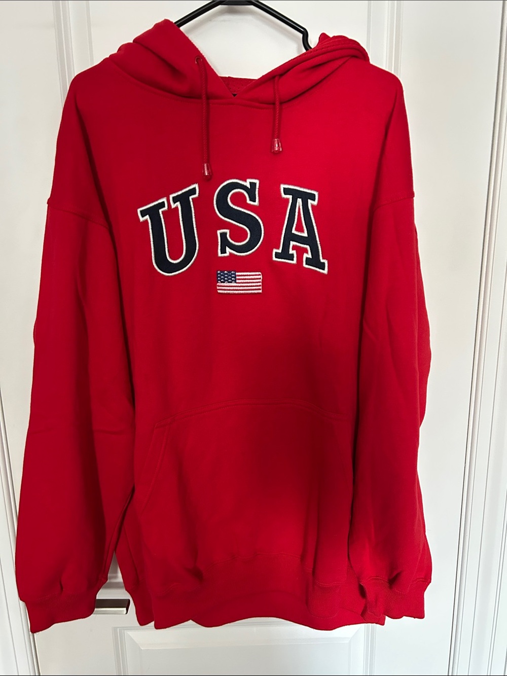 USA Embroidered Red Hooded Sweatshirt - Size Large